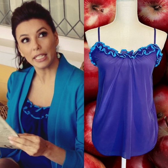 Vintage Rebecca Taylor Sleeveless Silk Ruffled Trim Ruched Front Royal Blue Top - Picture 1 of 16